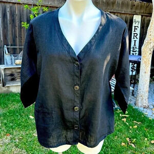 FLAX by Jeanne Engelhart 100% Linen Black Collarless Button Down Langenlook SZM